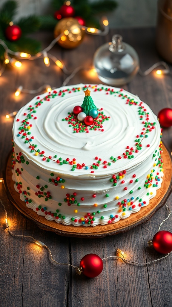 Festive 9x13 Christmas Cake Recipe A festive 9x13 Christmas cake with white frosting and colorful sprinkles, displayed on a wooden table with holiday decorations.